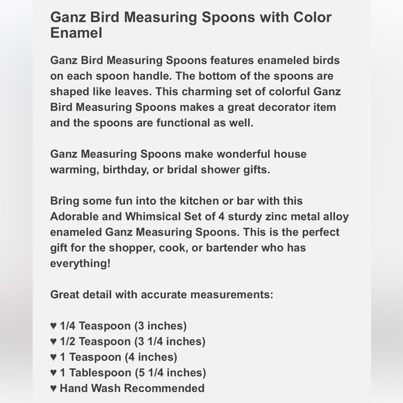 Ganz Measuring Spoon set with Color Enamel Birds - Picture 7 of 8